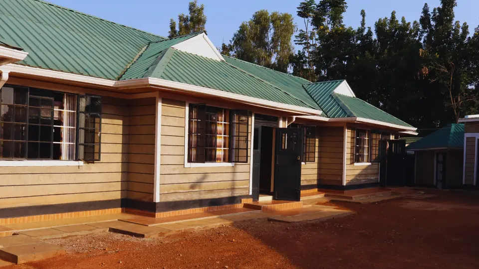 The bungalows in a row in late-afternoon sun, one front door open