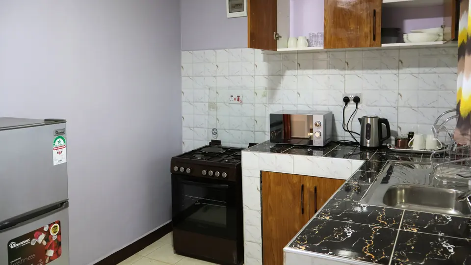 Kitchen with a cooker and oven, a fridge and a black marble-effect counter